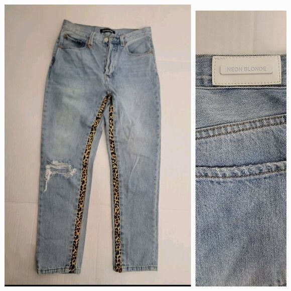 NEON BLONDE Light Blue Straight Leg Jeans with Leopard Detail - Picture 2 of 15